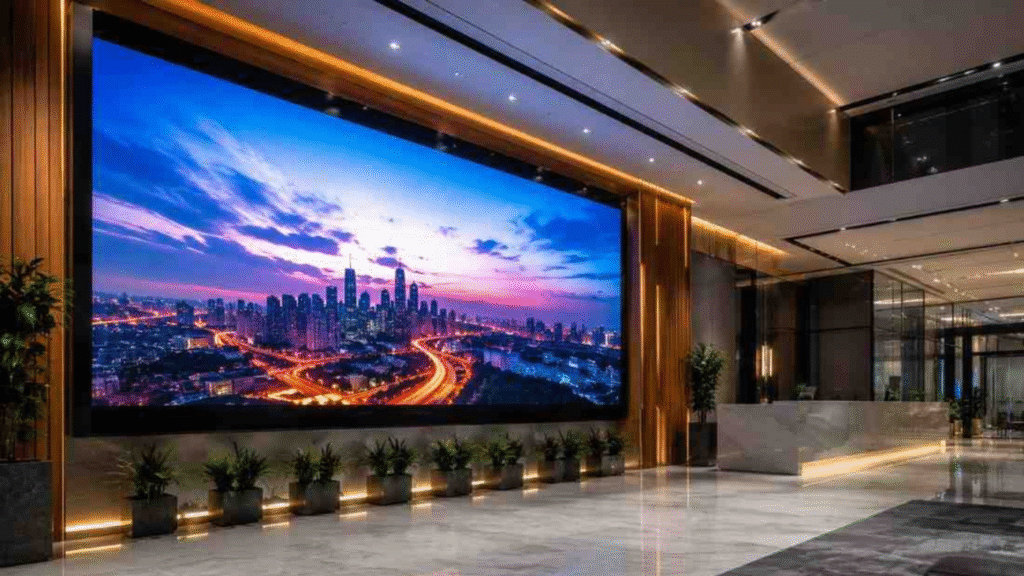 Modern indoor LED video wall installed inside a premium corporate office.