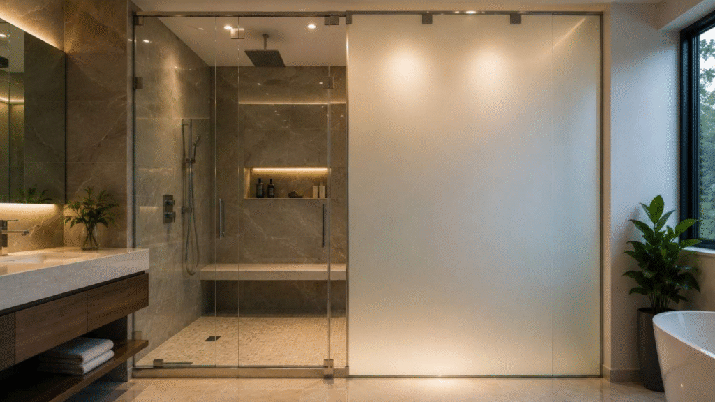 Luxury bathroom with PDLC switchable privacy film installed on glass shower enclosure