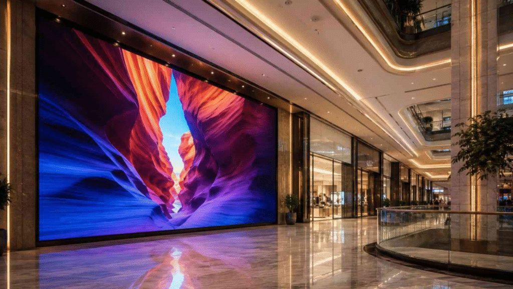 Modern indoor LED video wall installed inside a premium corporate office.