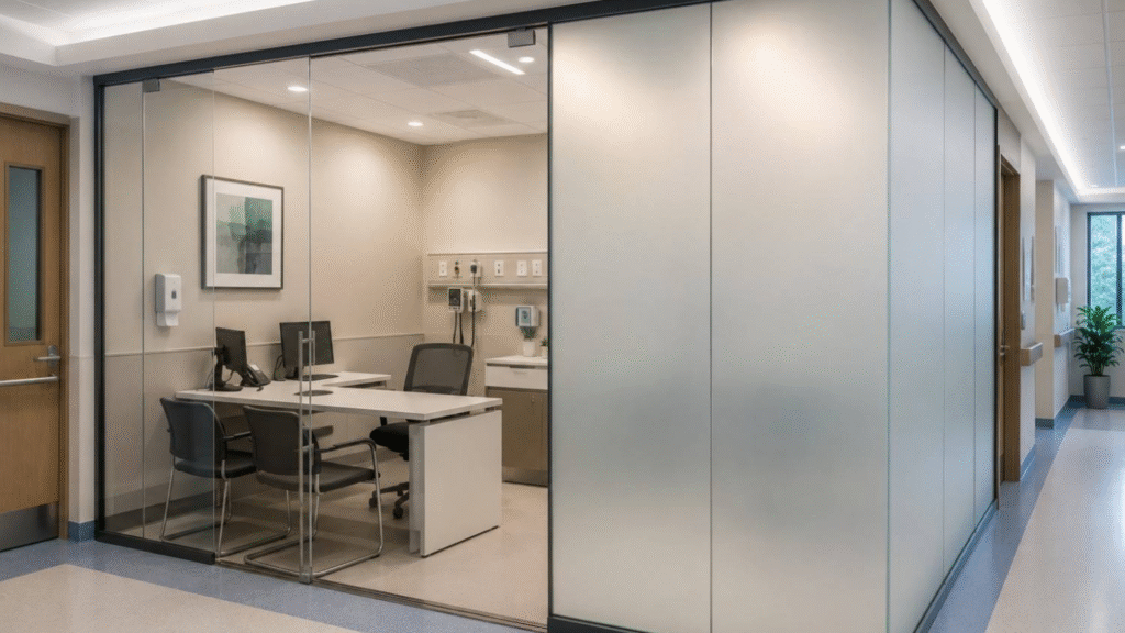  Hospital consultation room with switchable privacy film installed on glass partitions.