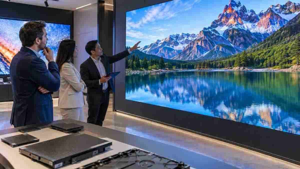  Micro COB LED video wall in a modern showroom with business professionals.