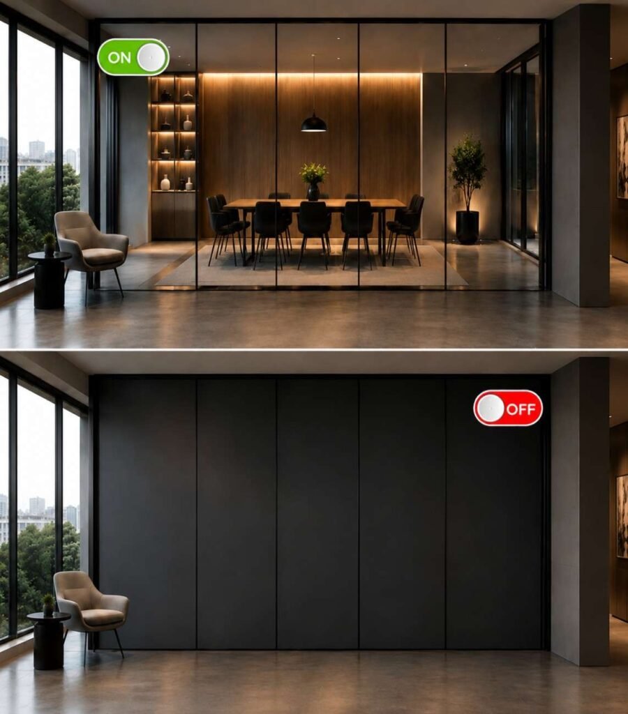 Blackout Switchable Film (DDLC Film) changing from transparent to complete blackout in a modern office meeting room