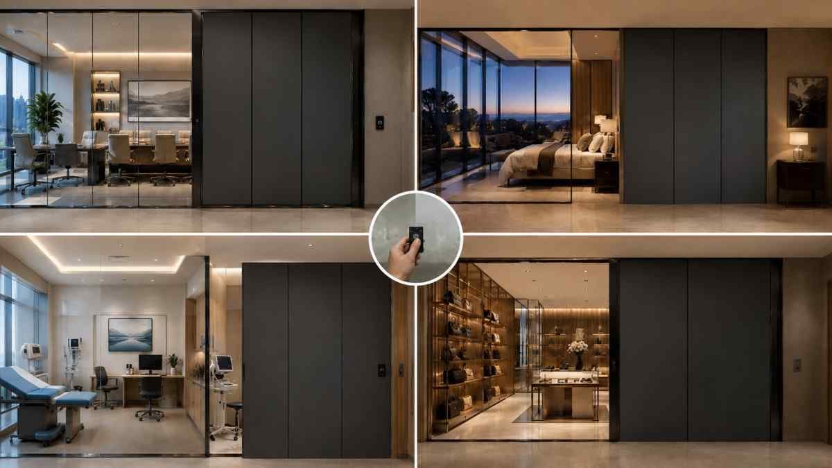 Applications of Blackout Switchable Film in offices, homes, hospitals, hotels, and commercial spaces.