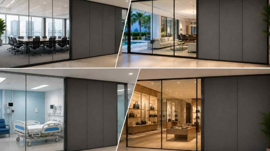 Applications of Blackout Switchable Glass in homes, offices, hospitals, hotels, and commercial spaces.