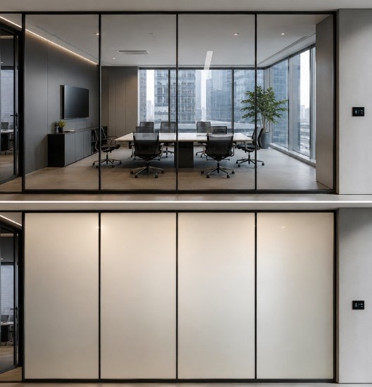Blackout Switchable Film (DDLC Film) changing from transparent to complete blackout in a modern office meeting room