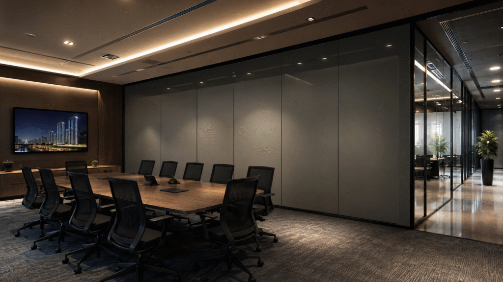 Blackout Switchable Glass installed in a modern office conference room.