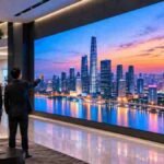 Micro COB LED video wall in a modern showroom with business professionals.
