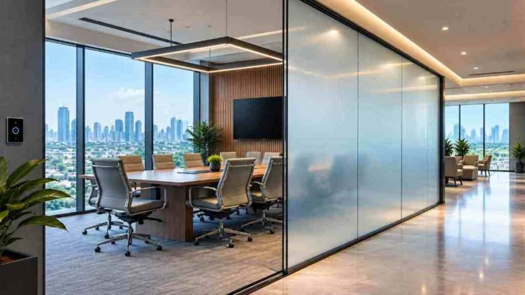 Smart glass meeting room with frosted privacy panels.