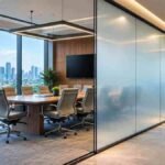 Smart glass meeting room with frosted privacy panels.