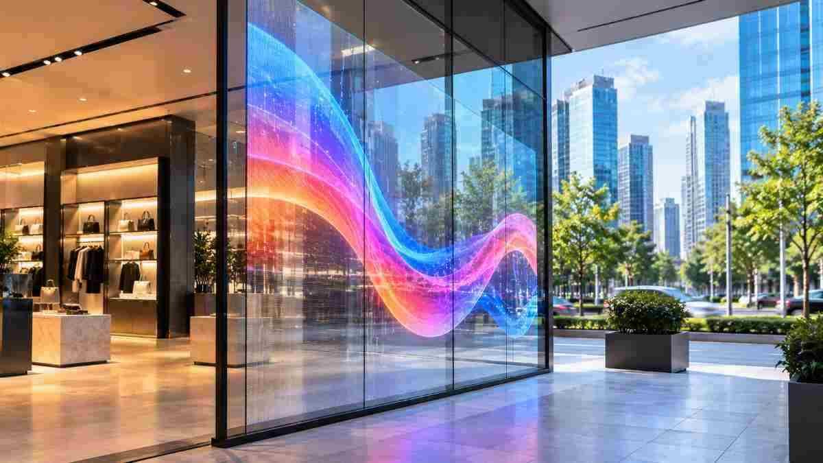 LED adhesive screen displaying vibrant visuals on a modern glass storefront
